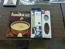 fondue lot, cookbook and two new packs of 6 in each fondue forks