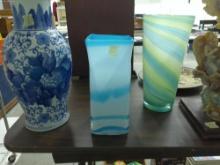 art glass vase, tall square top vase handmade of various shades of blue 9.5in tall