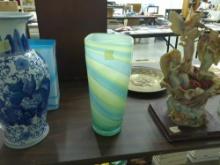 art glass vase, tall square top vase handmade of various shades of blue and green 11.5in tall