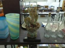 angel statue, 3 figures inside a large sea shell on a wood base by the holly collection 14.5in tall