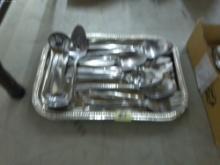 stainless serving pieces, large lot on a silverplate tray nice assortment of styles and pieces
