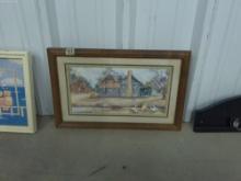 signed print, farm scene framed and matted 14x22 artist last name is freeman