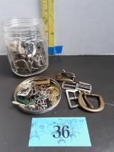 Vintage Jar of Belt Buckles and accessories