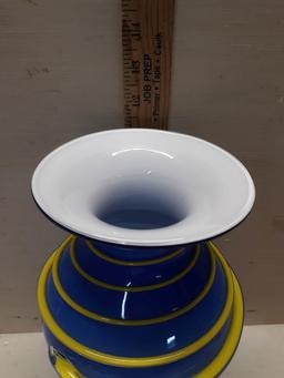 Hand Blown  Art Glass Vase with Applied Yellow Ribbon