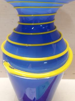 Hand Blown  Art Glass Vase with Applied Yellow Ribbon