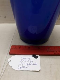Hand Blown  Art Glass Vase with Applied Yellow Ribbon