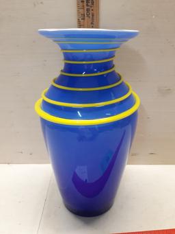Hand Blown  Art Glass Vase with Applied Yellow Ribbon