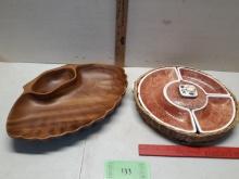 Vtg Ucagco Ceramics Japan Lazy Susan Divided Dish in Basket, Wooden Bowl, Acacia, Made in Philippine