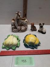 Vtg Lemon and Pear Wall Pockets (cracks), Shawnee Pottery Giraffes (chip on ear), dog and cat