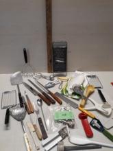 Misc Kitchen Lot, knives, grater, can opener and more