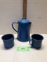 Blue Enamel Coffee Pot with two cups