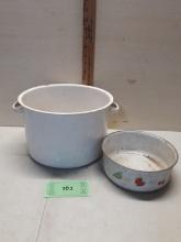 White Enamel Pot with handles, small enamel bowl