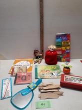 Misc Lot, Craft Supplies, CD's, Vtg Kellog's Pencil Box and more