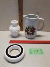 Vtg Hobnail Vase, Strawberry Pitcher and more