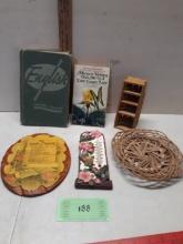 Misc Lot, basket, Hummingbird Thermometer, English Book and more