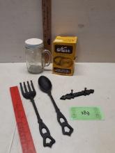 Cast Iron Fork and Spoon, Key Hanger, Kerr Mason Caps, Jar with lid