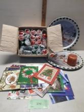 Christmas Lot, Candles, cards, Tin Serving Plates