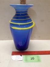 Hand Blown  Art Glass Vase with Applied Yellow Ribbon