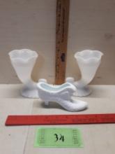 Milk Glass Slipper and Pair of Cornucopias, 1 has small Chip