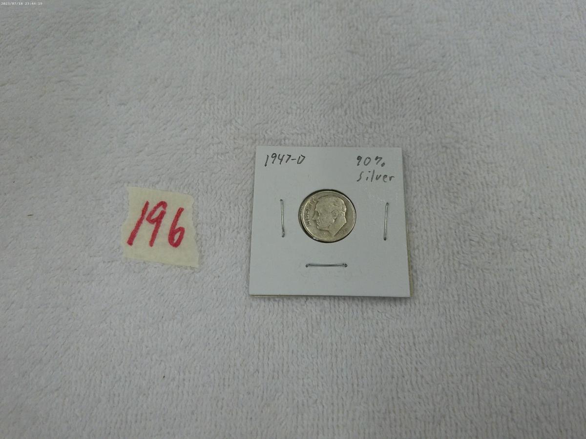 silver dime, 1947-D FDR dime in card