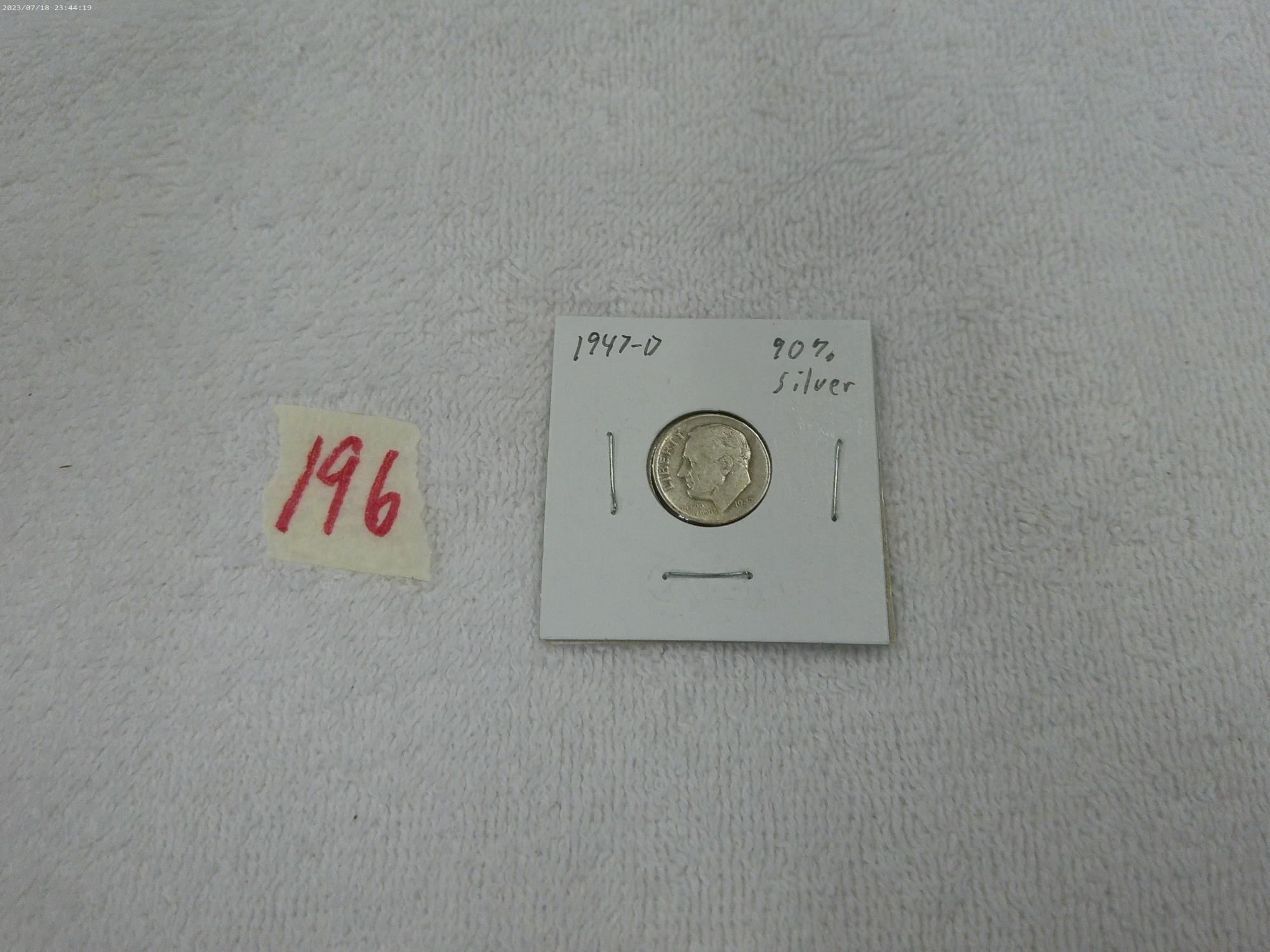 silver dime, 1947-D FDR dime in card