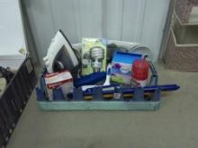 household lot, various duster wonds, iron, safety bar for bathroom, air fresheners, and light bulbs