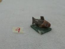 native american soapstone salmon, hand carved by native artist on green stone base 2in long