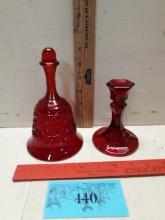Vintage Ruby Red Glass Bell (may be Fenton), Ruby Red Candle Stick