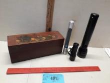 Misc Lot, Flashlights, Wooden Box