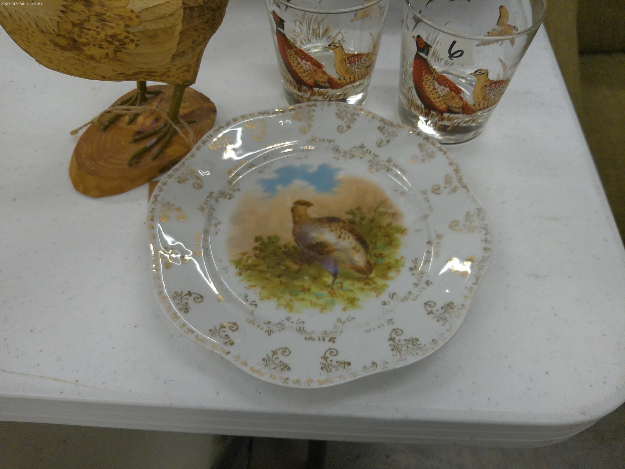 bird decor, two liquor glasses, quail plate, and handmade bird figure that is 7in tall