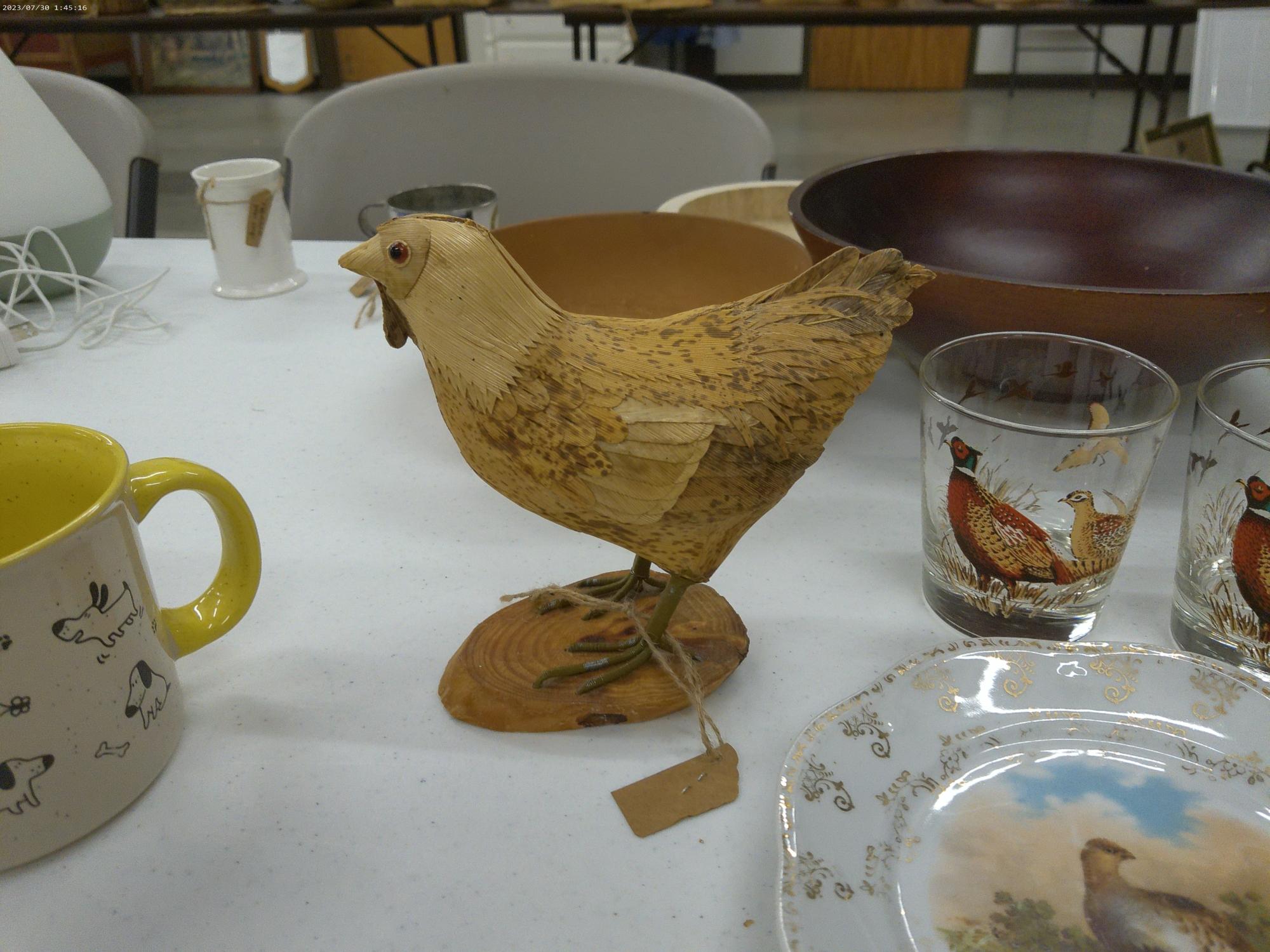 bird decor, two liquor glasses, quail plate, and handmade bird figure that is 7in tall