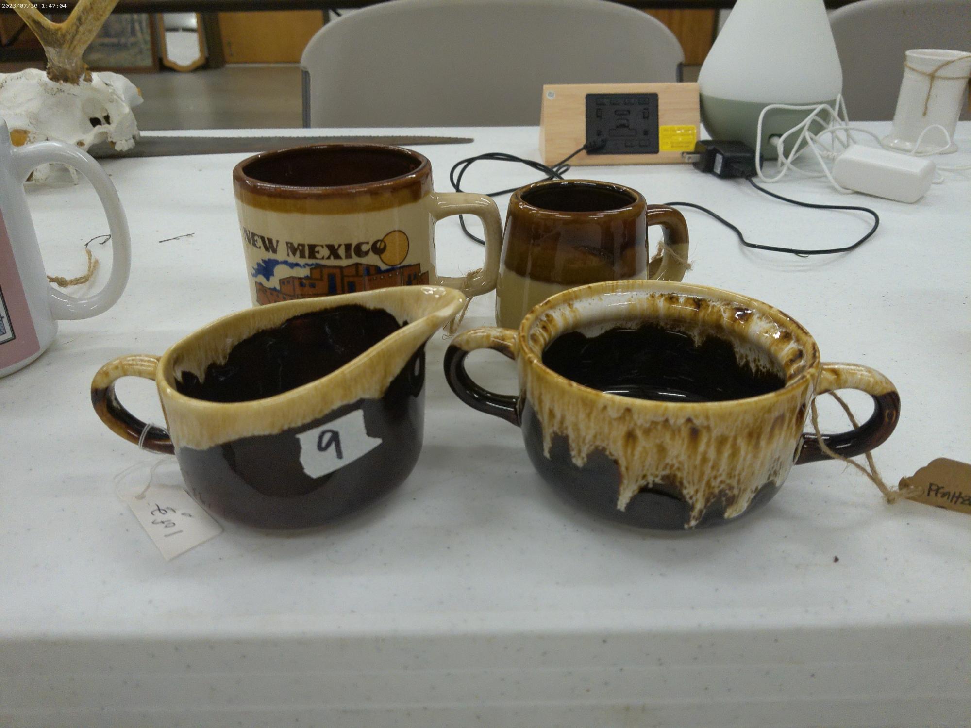 stoneware pottery, two mugs and a vintage pfaltzgraff cream and sugar set