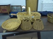 basket lot, bread basket, two small lamp shades and a woven table basket
