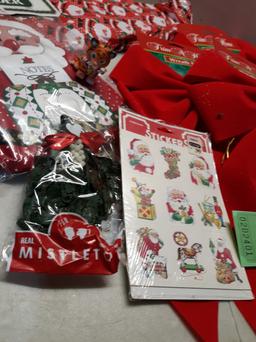 Christmas Décor Lot, Bows, Table Cloth and more