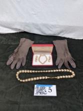 Costume Jewelry Set, Leather Gloves