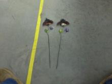 ladybug garden stakes, two hand painted metal with glass wings 21in long