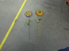 metal flower garden stakes, two hand painted 20in long
