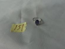 fashion ring, size 6.5 silver plated ring with large purple stone and two smaller clear stones