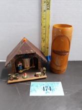 Hand Carved Bamboo Tiki Cup, Vintage Togglili German Thermometer Weather House