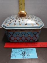 Decorative lidded box, ceramic , geometric pattern and a gold-colored finial