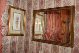 3 Gold Framed Prints, Gold Framed Mirror and Glass Top Table