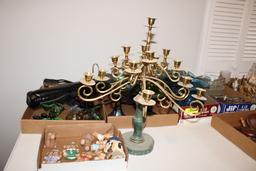 9 Box Lots of Décor Glassware, Wooden Trays, Candelabra