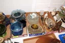 9 Box Lots of Décor Glassware, Wooden Trays, Candelabra