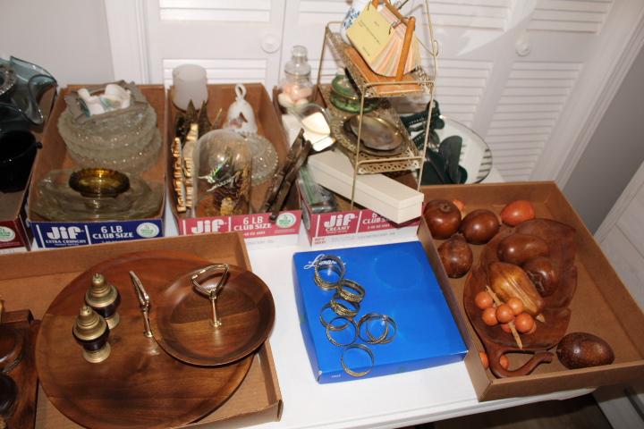 9 Box Lots of Décor Glassware, Wooden Trays, Candelabra