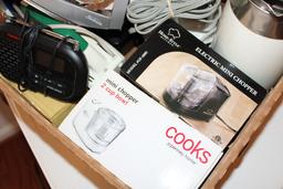 Large Box of Small Appliances - Irons, Tea Pot, Mixer, Etc..