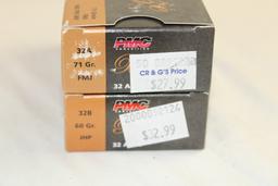 100 Rounds of PMC Bronze .32 Auto. 60 Gr. JHP Ammo