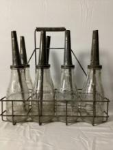 Six 1922 "Handy Oiler" Bottles w/ Spouts & Carrier