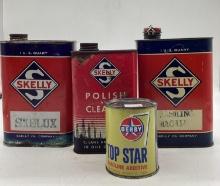 Two Skelly Quart, Auto Polish and Derby Cans