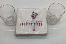 Two Skelly Cocktail Glasses and Napkins