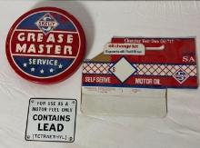 Skelly Six-Pack Quart Oil Carrier, Contains Lead Porcelain Sign and Greasemaster Metal Sign